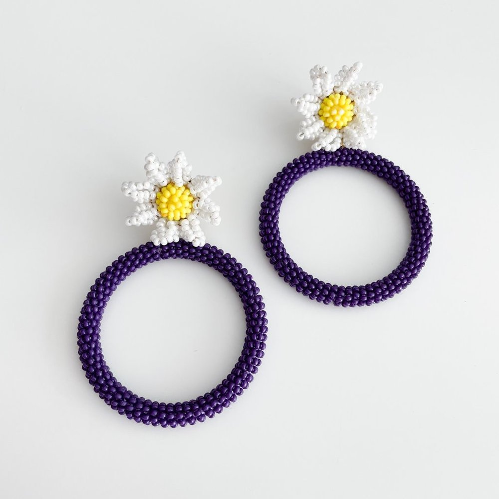 J. Crew x Alison Lou Beaded Daisy Drop-Hoop Earrings (Vivid Plum)